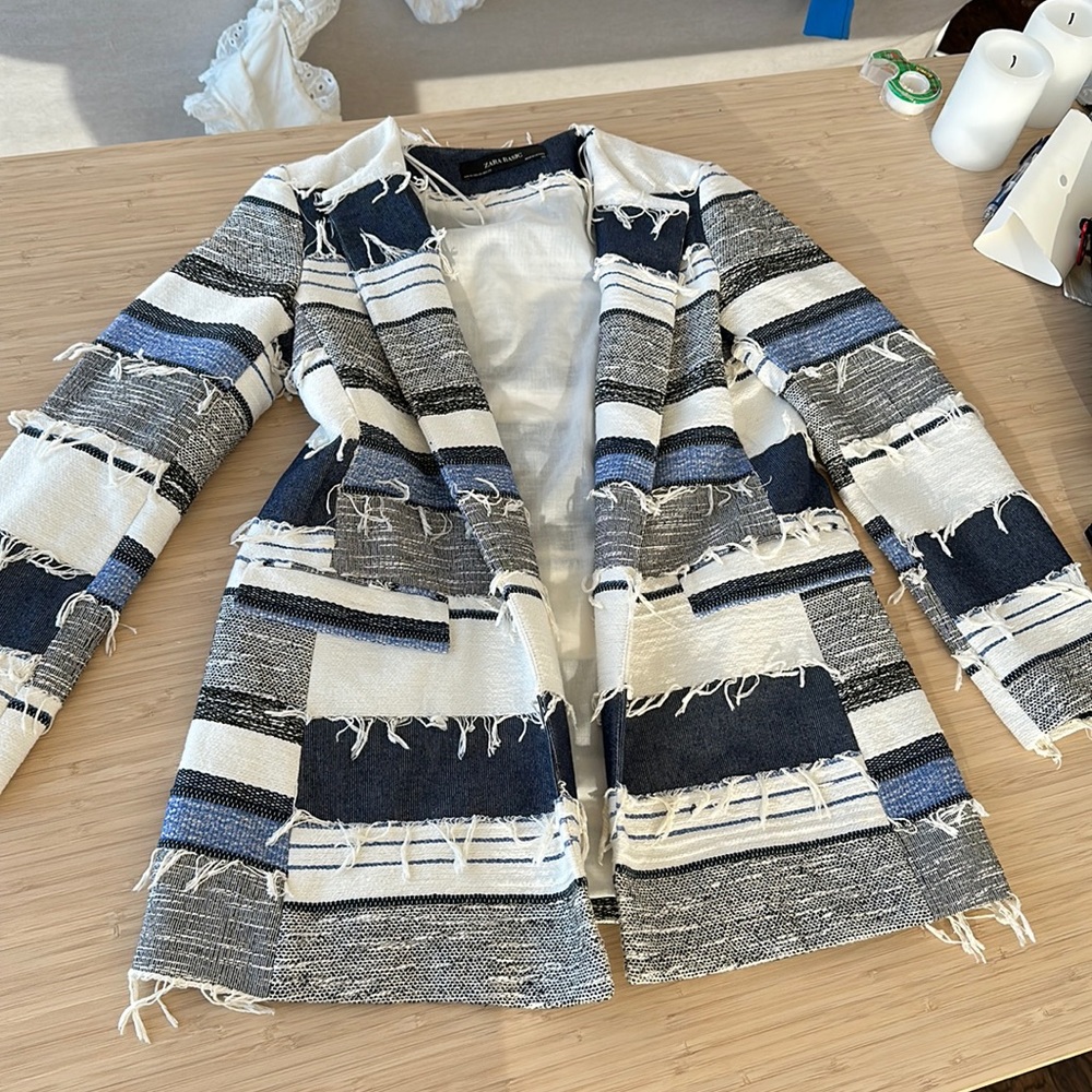 Structured Fray Blue and White Jacket